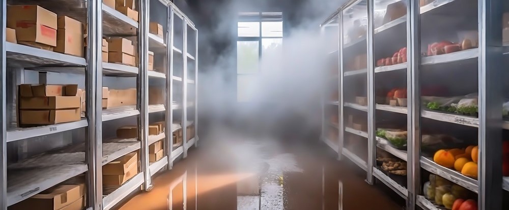 Cold Room with No Strip Curtains Has Water Pooling on the Floor and Fog